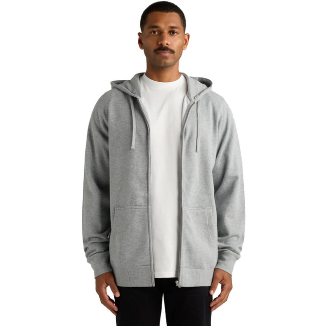 A grey zip-up hoodie displayed on a model, featuring a hood and front pockets, with a plain white tee underneath.