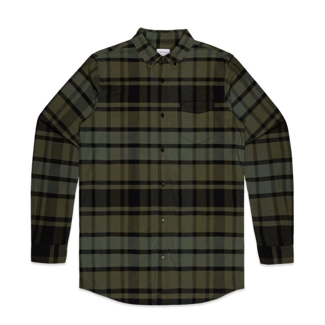 A plaid Oxford shirt in green and black, featuring a button-up front and a single chest pocket.
