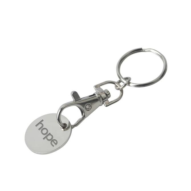 A silver enamel trolley coin keyring with a clip and a circular tag featuring the word "hope".