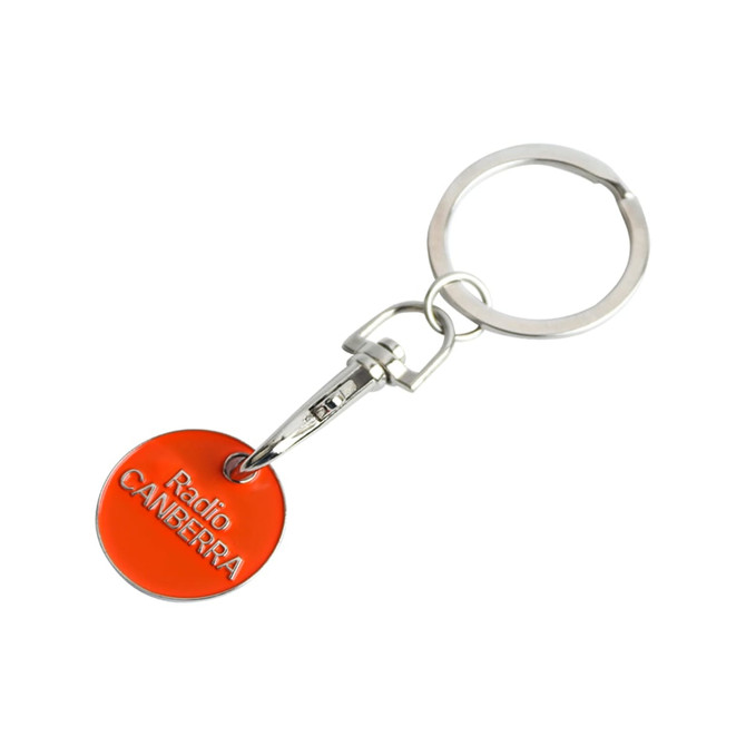 An orange enamel trolley coin keyring with a silver keychain and logo attachment.