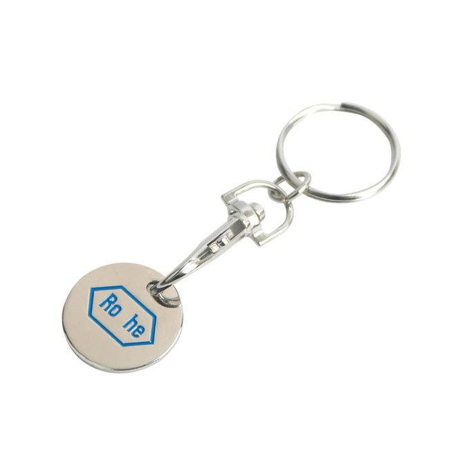 A silver enamel trolley coin keyring featuring a blue logo and a sturdy clip for attachment.