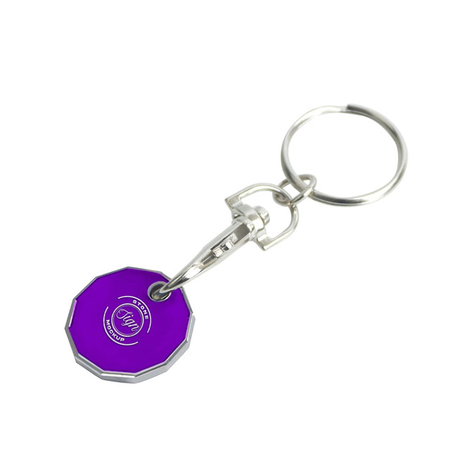 A purple enamel trolley coin keyring with a metal clasp and circular design. Features a logo on the front.