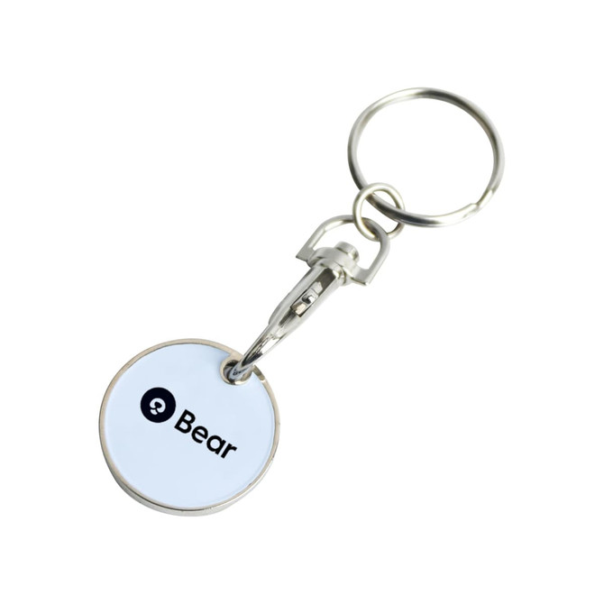 A keyring with a circular printed token attached by a metal clip, featuring a logo in black on a white background.