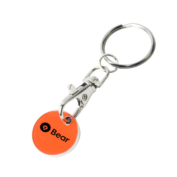 An orange printed trolley coin keyring with a silver clip and keyring attachment.