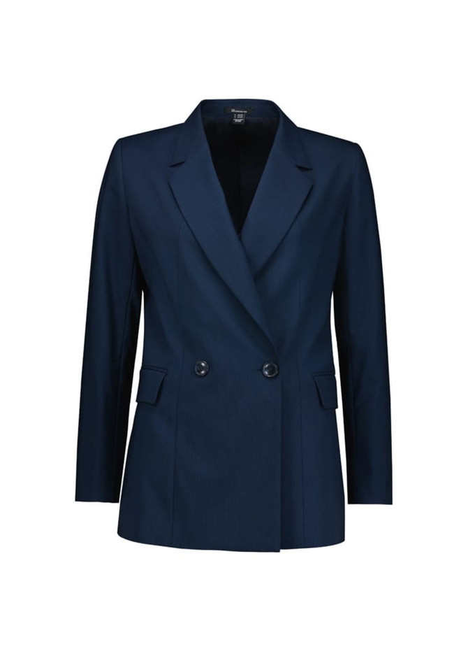 A navy blue double-breasted longline jacket with two front pockets and a sleek design. It features a branding logo.