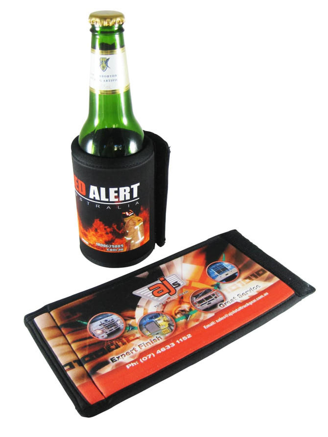 A drink bottle in a black can wrapper, with promotional graphics displayed alongside, showcasing vibrant colours.