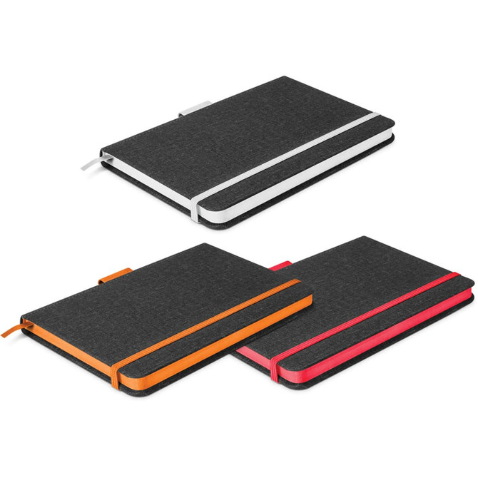 A collection of three two-tone notebooks in black with white, orange, and red accents, each featuring a logo.