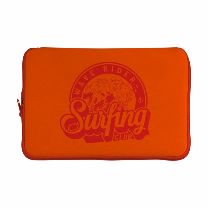 An orange tablet sleeve featuring a red graphic design and a logo. It has a zip closure.