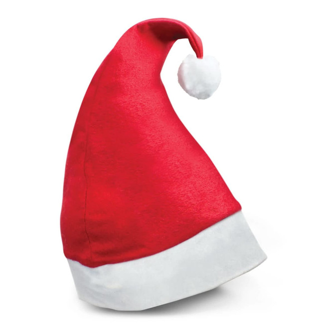 A red Santa hat with a white fluffy trim and a pom-pom on top.