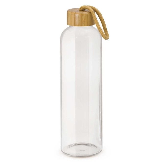 A drink bottle featuring a clear glass body with a bamboo lid and a natural fiber carrying strap.