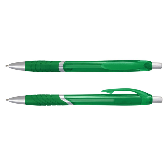 A green translucent plastic pen with silver accents and a grip section. The pen has a clip and is displayed from two angles.