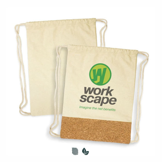 A natural canvas drawstring backpack with a cork bottom and a logo featuring green and black text.