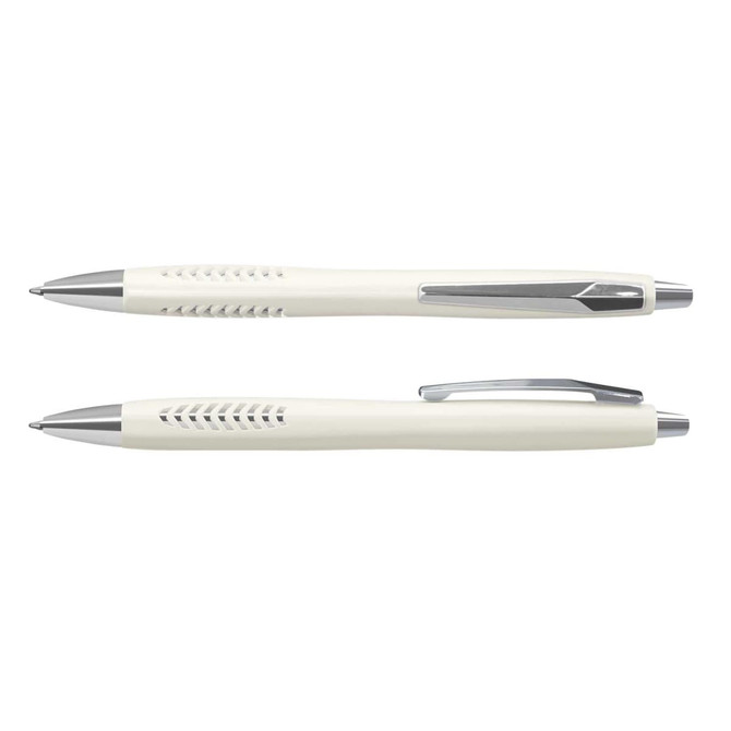 A dual set of Topaz Pens in a creamy white colour with silver accents and a branded logo.