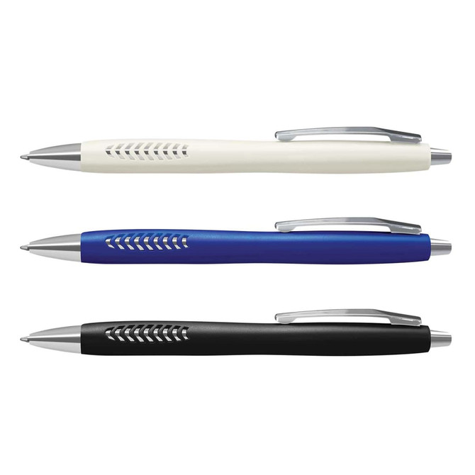 Three plastic pens in white, blue, and black, each with a silver clip and a unique design feature.