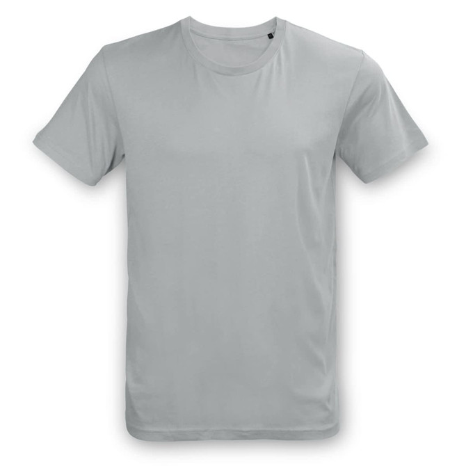 A light grey unisex T-shirt with short sleeves and a simple design, featuring a logo on the label.