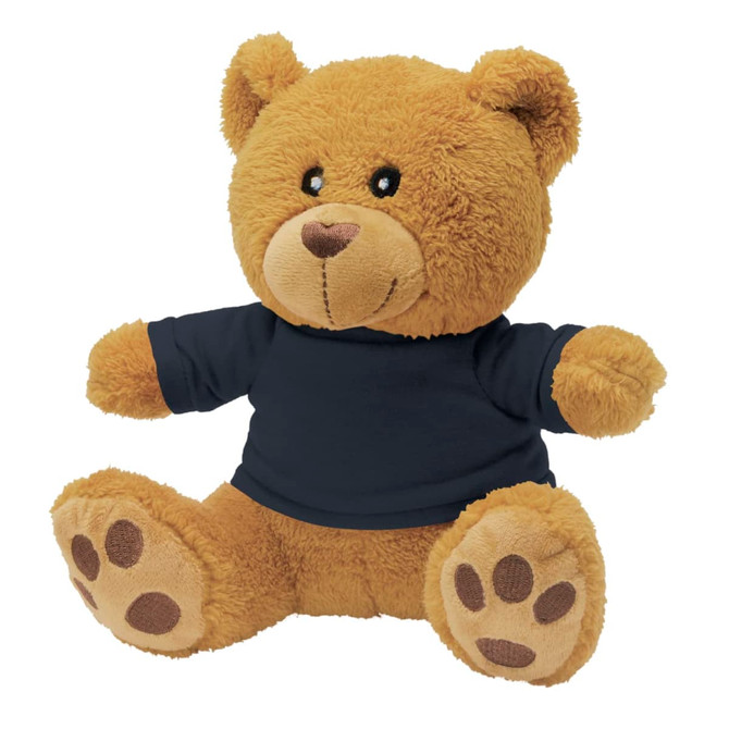 A plush teddy bear in a brown colour, wearing a dark navy shirt, with a soft, rounded face and paw prints.