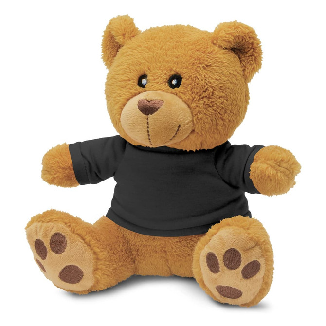 A plush teddy bear in light brown with a black t-shirt and stitched facial features, featuring a logo on the shirt.
