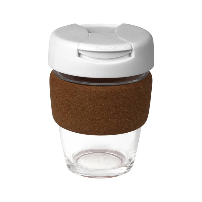 coffee cup / Mug 12oz/340ml Glass Karma Kup Cork Band Plastic Flip Lid Reusable  Eco Friendly