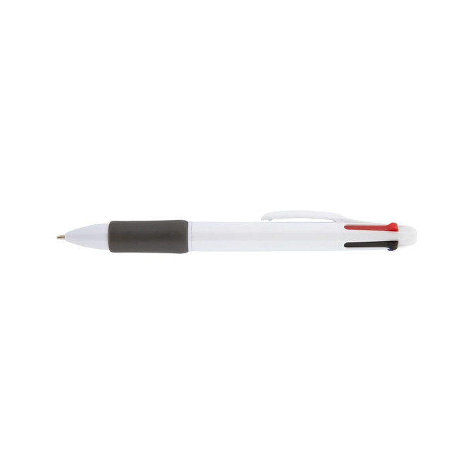 A plastic pen in white, featuring a black grip and accents in red and blue, with a logo displayed on the side.