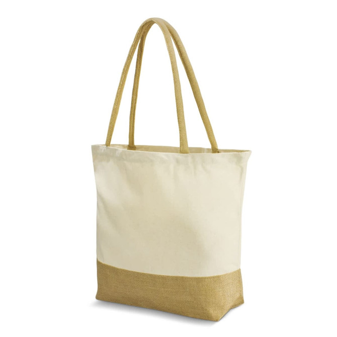 A beige tote bag with a natural hessian bottom and two sturdy handles. It has a branded logo on one side.