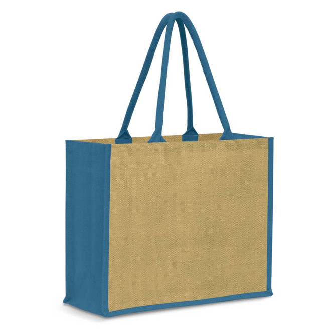 A jute tote bag in natural and blue, featuring two long handles and a simple design.