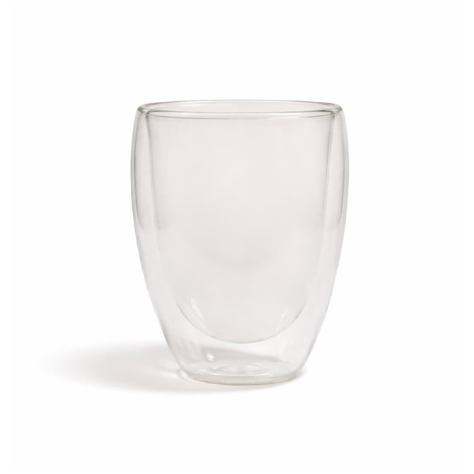 A drink bottle featuring a transparent double wall design, made of glass, ideal for reusable coffee cups.