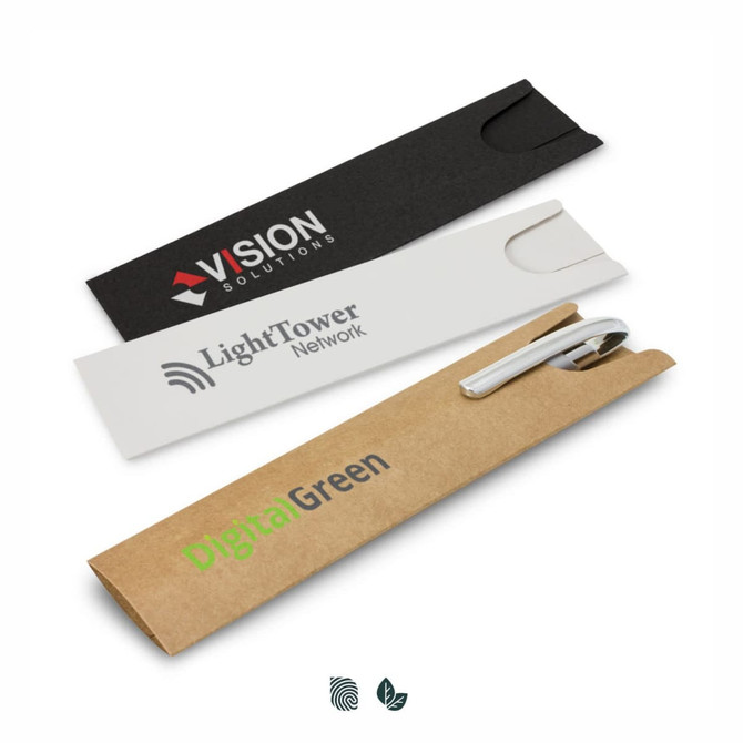 Three cardboard pen sleeves in black, white, and brown, each with a pen inside and featuring various logos.