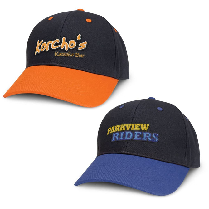 A black cap with an orange and blue peak, featuring logos on the front panels.