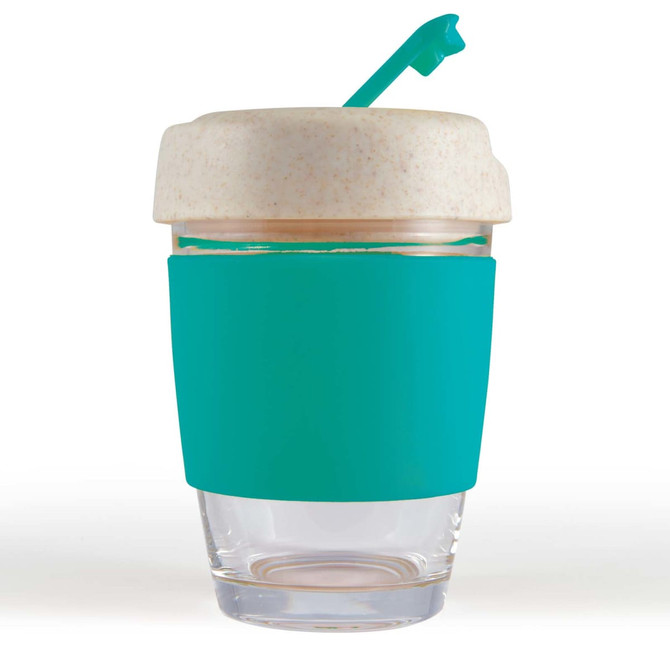 A reusable coffee cup with a teal silicone band and a light-colored lid, featuring a straw. It has a logo on the side.