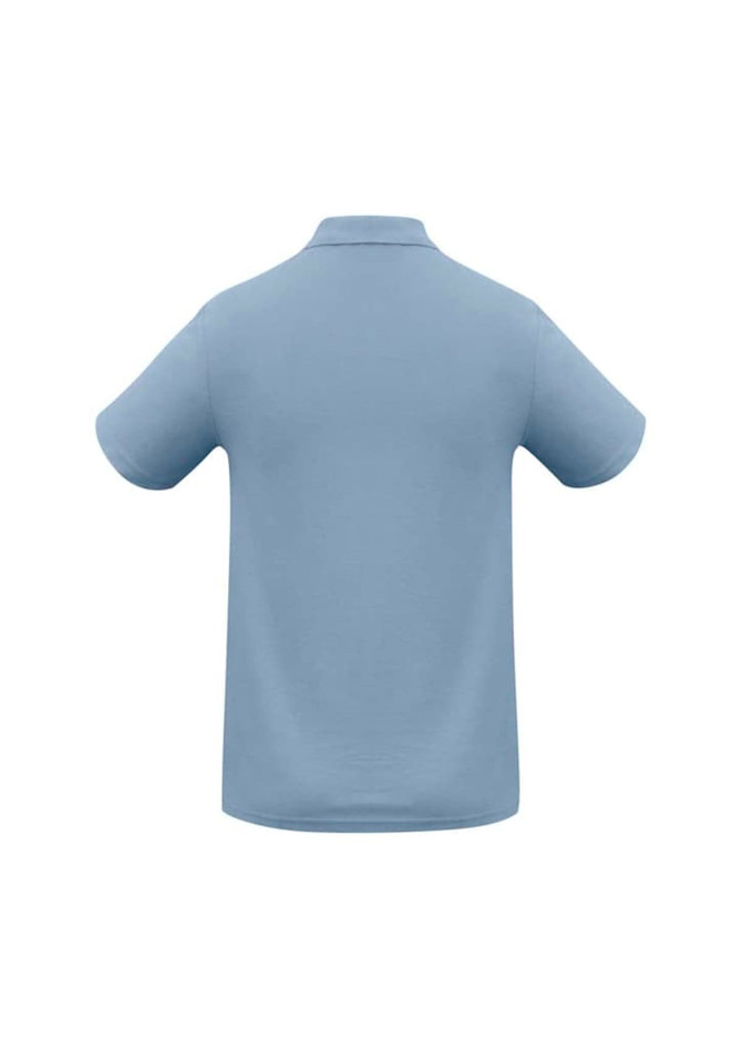 A light blue polo shirt featuring short sleeves and a collar. The back view shows the shirt's smooth fabric and plain design.