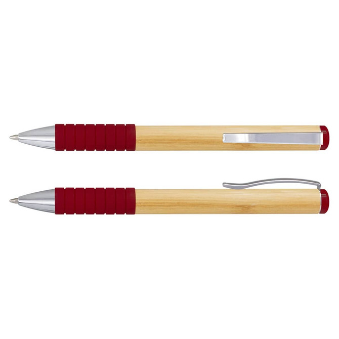 A bamboo twist pen with a natural wooden body and red rubber grip, featuring silver accents and a clip.