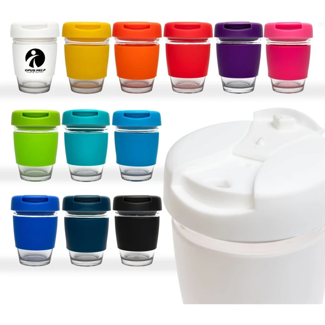 A reusable coffee cup with a flip lid available in various colours, including white, green, blue, and orange.