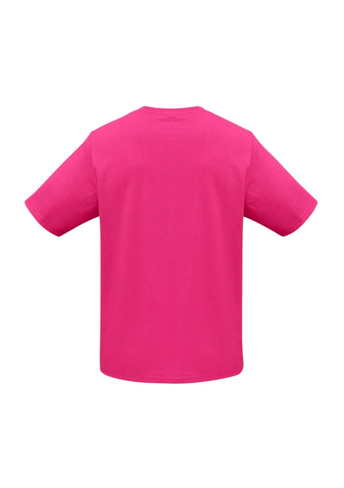 A pink short sleeve tee featuring a relaxed fit and a simple design. The back view displays its solid colour and absence of graphics.