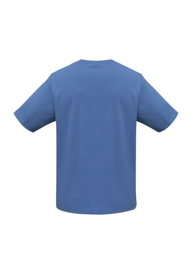 A blue men's short sleeve T-shirt with a plain back and a small logo.