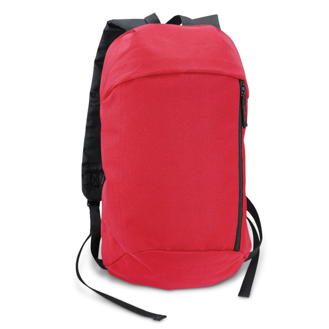A red compact backpack with a black back panel and a single zippered pocket on the front. It features shoulder straps.