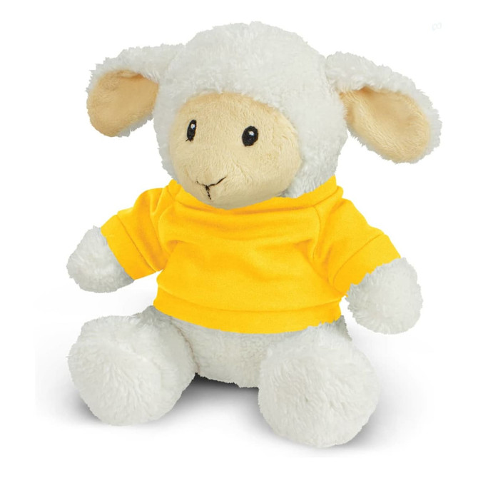 A soft, white lamb plush toy wearing a yellow shirt, featuring oversized ears and a friendly expression.