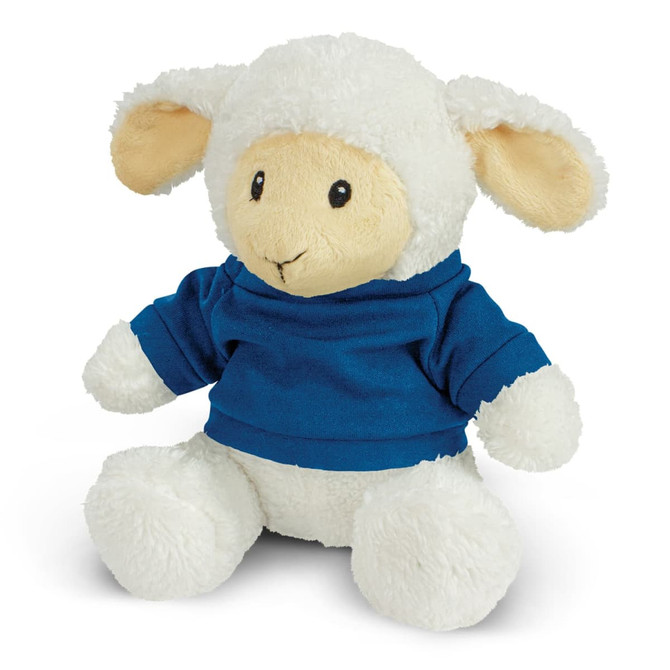 A plush lamb toy with cream fur, wearing a blue sweater, sitting upright with a cheerful expression.