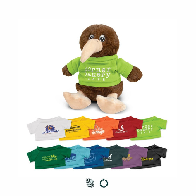 A brown kiwi plush toy wearing a bright green shirt, alongside various other shirts in different colours.