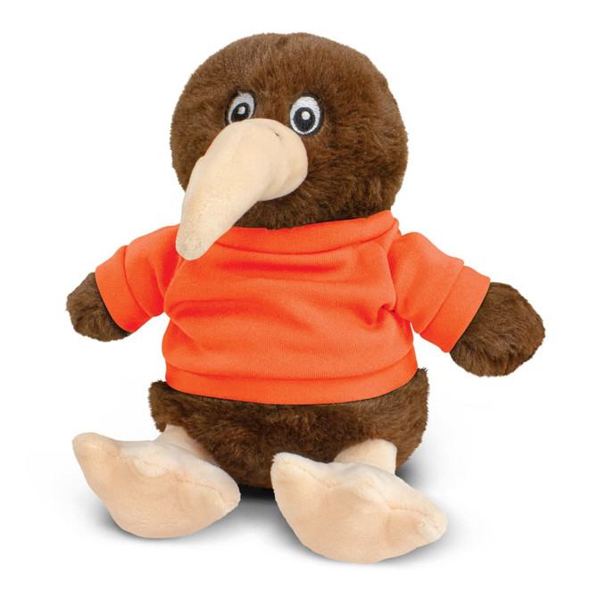 A brown kiwi plush toy wearing an orange shirt, with large eyes and a beige beak, sitting upright.