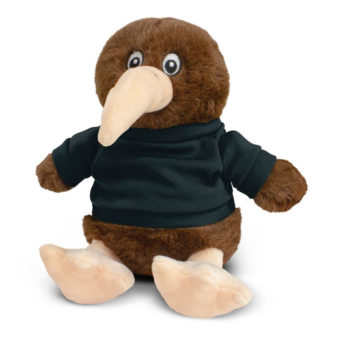 A brown kiwi plush toy with light-coloured feet, wearing a black shirt, featuring large eyes and a long beak.