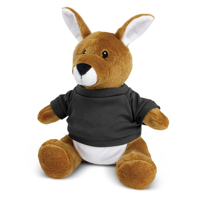 A brown kangaroo plush toy wearing a black shirt, with large ears and a friendly expression.