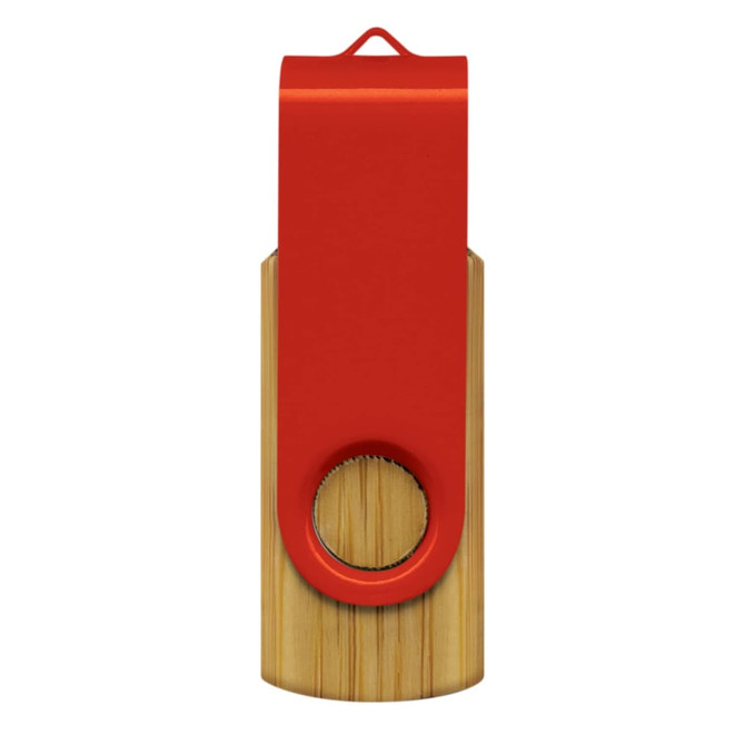 A bamboo flash drive with a red metal cap and a circular attachment hole. It features a logo on the surface.