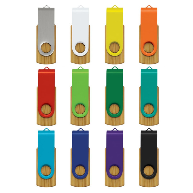 A collection of Helix 4GB Bamboo Flash Drives in various colours, featuring a bamboo base and a metal top with a branding logo.