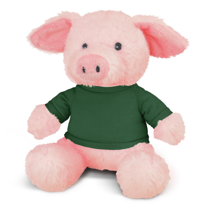 A plush pig toy in pink with a green shirt, featuring a cute face and soft, fuzzy texture.