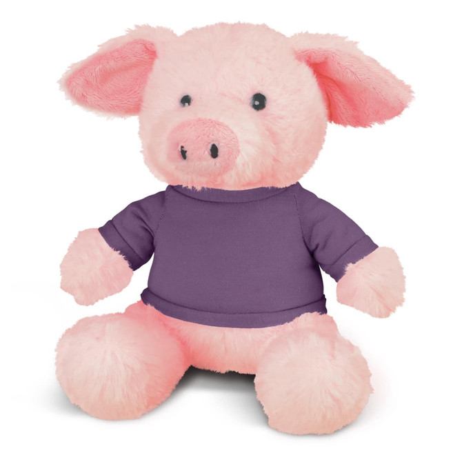 A pink pig plush toy with a purple shirt, featuring large ears, a round snout, and soft, fluffy texture.