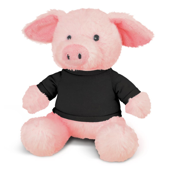 A pink plush pig toy wearing a black shirt, featuring a cute face and soft, fluffy texture.