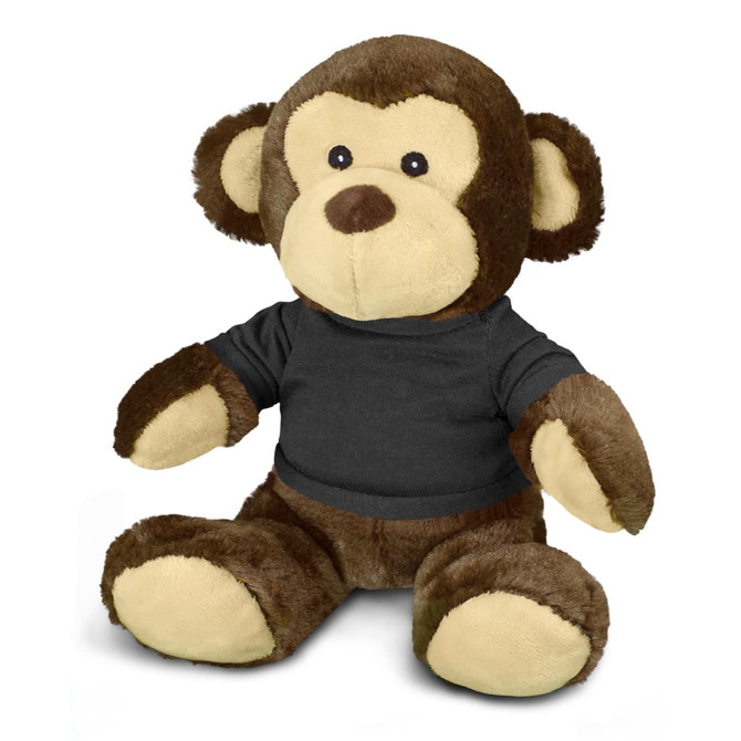 A plush monkey toy with brown and beige fur, wearing a black shirt, featuring a logo on its chest.