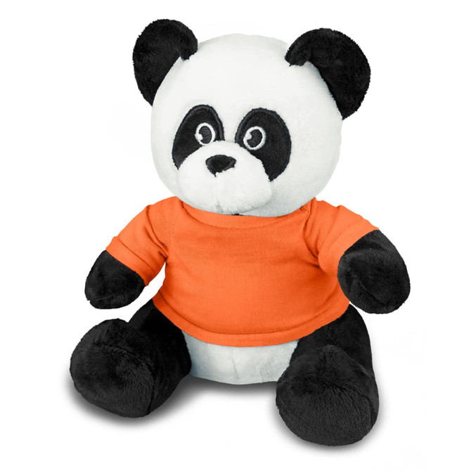 A plush panda toy with a black and white colour scheme, wearing an orange shirt and featuring a logo on the shirt.