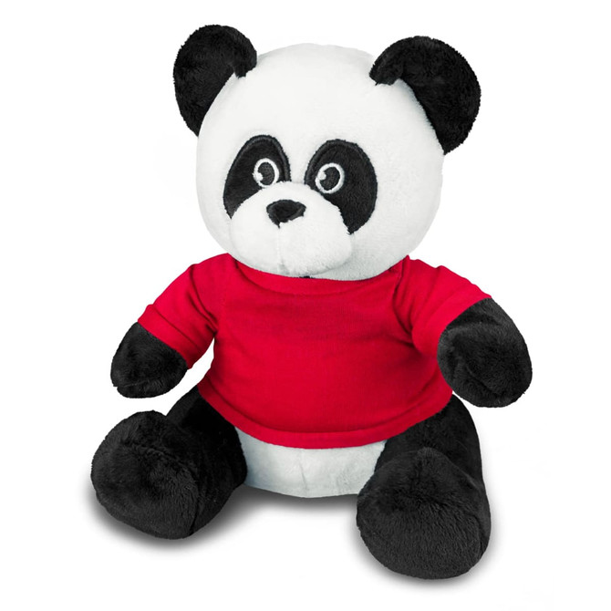A plush panda toy with black and white fur, wearing a red shirt, sitting upright. It features large round eyes and a friendly expression.