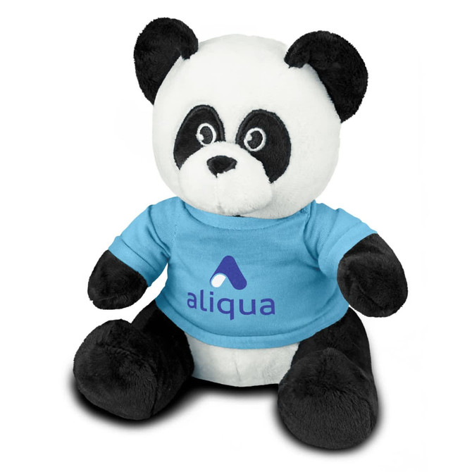 A plush toy panda in black and white, wearing a light blue shirt with a logo.